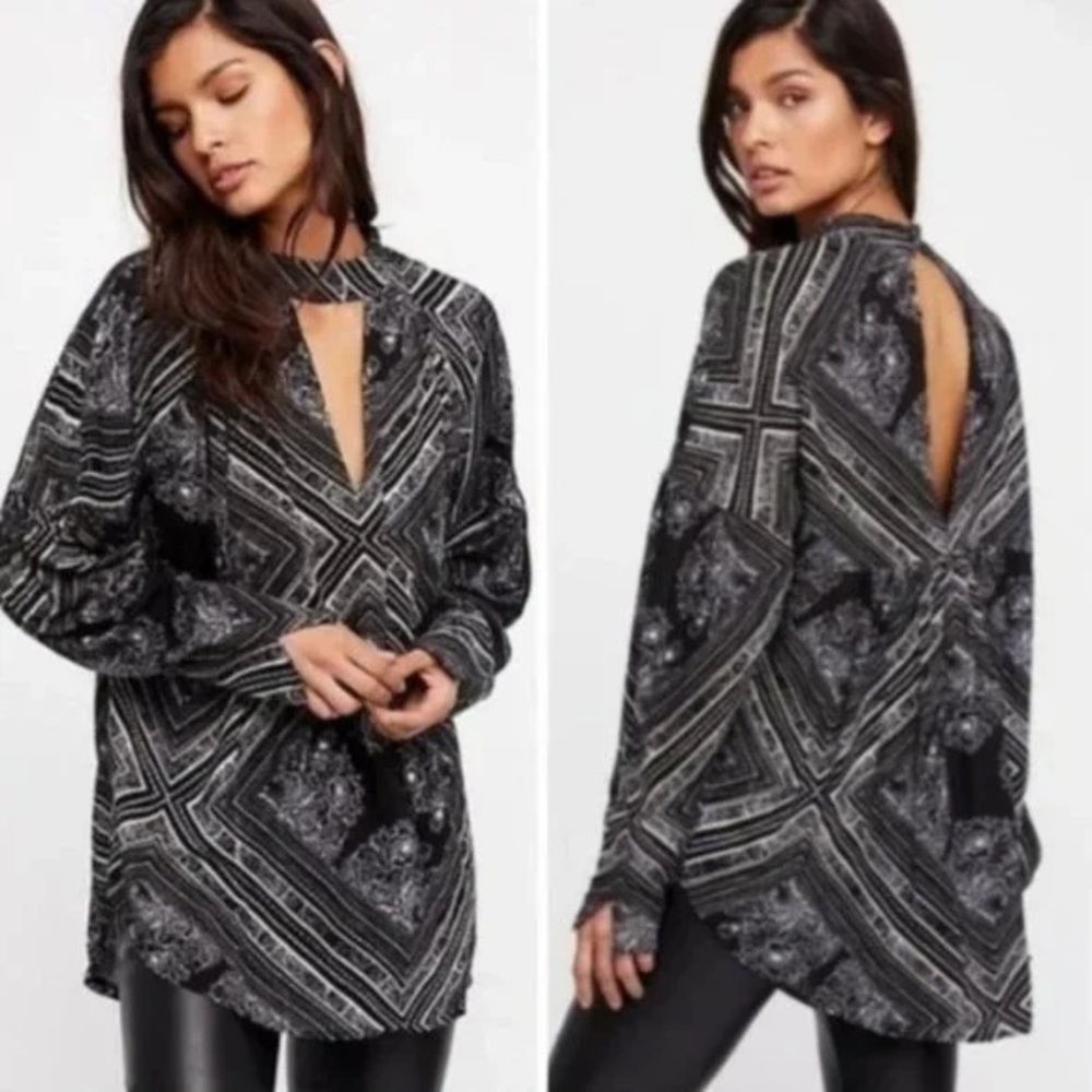 Free People Walking on a Dream oversize tunic Boho Chic geometric floral long